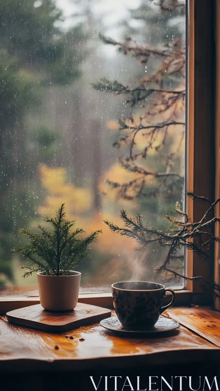 Rainy forest window frame with steaming coffee cup and plant.
