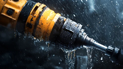 Storm‑drenched industrial drill locked in metallic struggle.