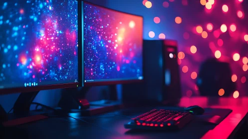 Dual-monitor RGB gaming workstation with neon bokeh lighting
