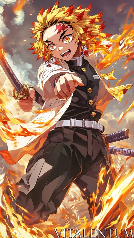 Flame-wreathed swordsman lunging forward in blazing fury.