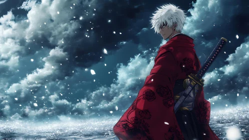 Stormlit samurai in a red cloak facing the restless sea.