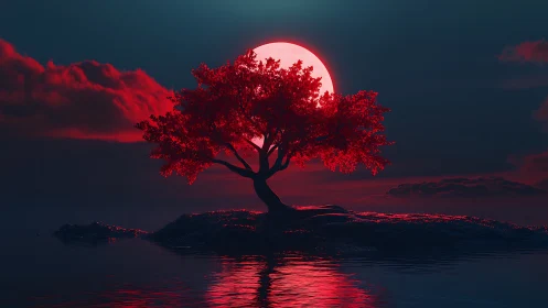 Lone crimson tree silhouetted before radiant red moon.