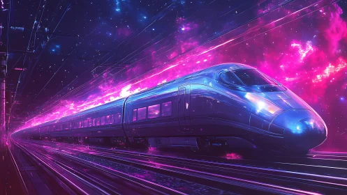 Neon bullet train cuts through cosmic tunnel at high speed