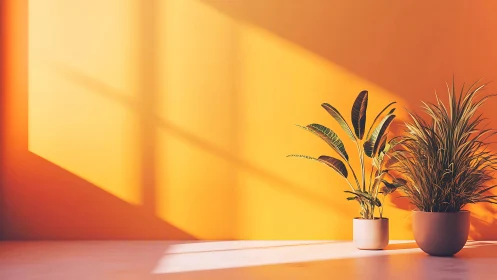 Indoor foliage in directional afternoon sunlight on orange wall