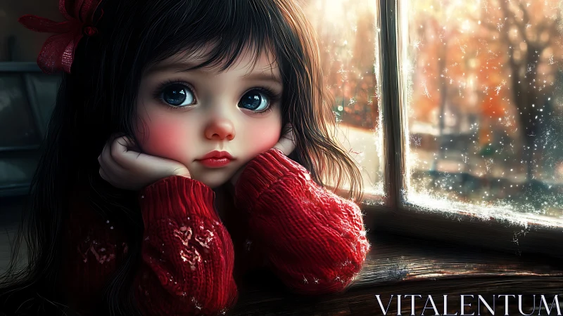 Digital portrait of child by frosted window in winter light.