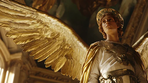 Golden winged figure in ornate interior architectural space.