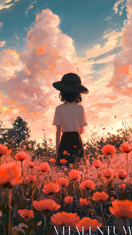 Back view of figure in flower field under tall sunset clouds.