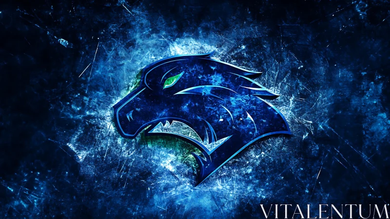 Electric blue wolf emblem over fractured icy void.