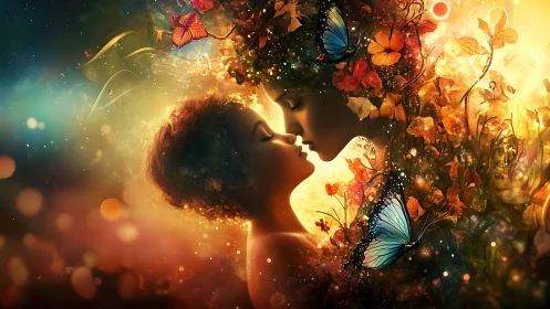 Two souls embraced in golden light and blooming flowers.