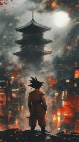 Moonlit warrior gazes over stormy neon temple cityscape.