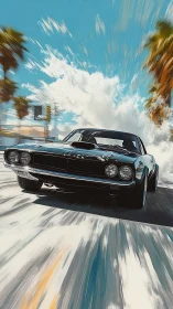 Muscle car sprint beneath streaked skies and palm blur.