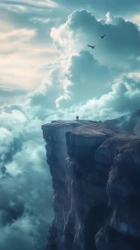 Couple on high cliff plateau beneath monumental storm clouds