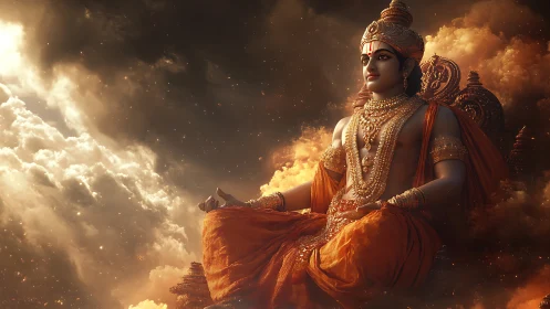 Divine golden deity meditates amid radiant storm clouds.