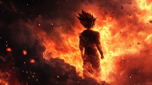 Fiery anime warrior silhouette within dense blazing smoke.
