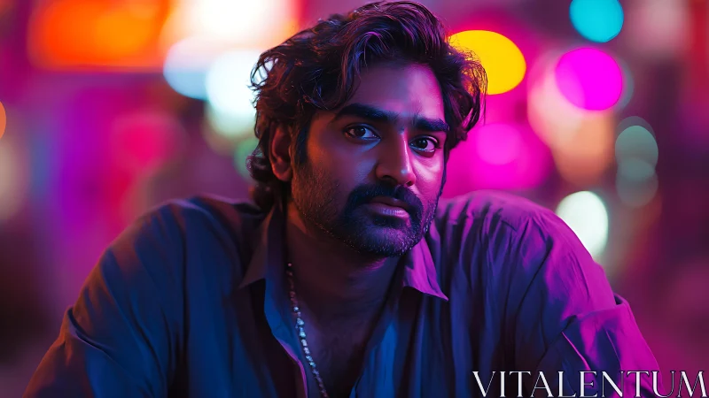 Man in neon lit urban night scene with blurred city lights.