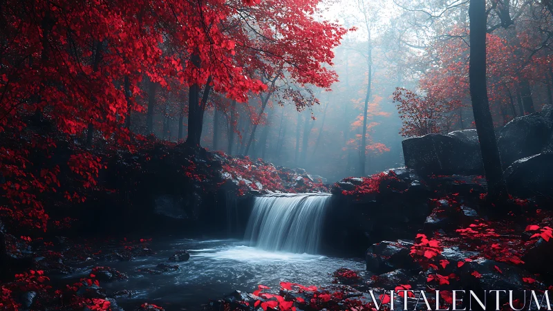 Autumn Woodland Cascade: Vivid Red Foliage with Flowing Waterfall.