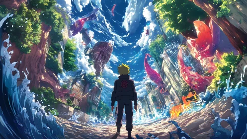 Central figure observes dynamic urban landscape with water effects