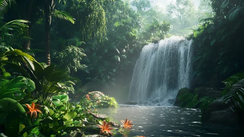 Sunlit tropical waterfall pours into lush jungle pool