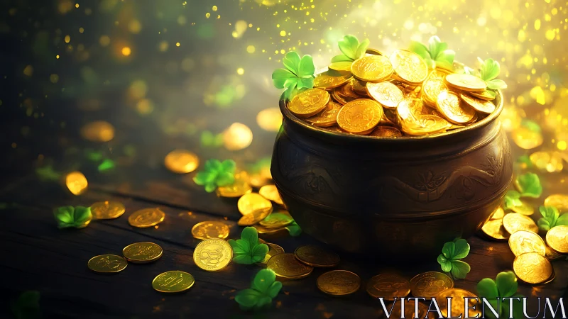 Glimmering pot of gold brimming with clovers and luck.