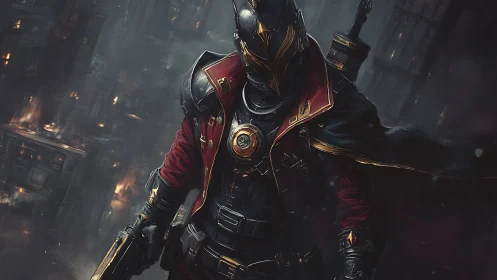 Masked enforcer in burning dystopian cityscape at night.