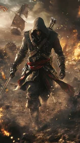 Storm-walked rogue strides through burning surf and smoke