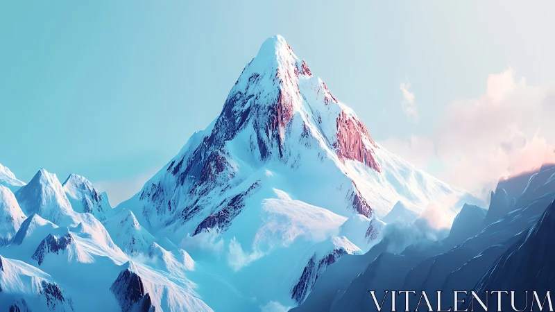 Sunlit alpine peak rises above serene pastel winter sky
