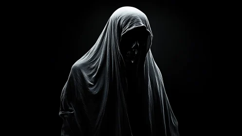 Volumetric-lit shrouded reaper figure in high contrast darkness.