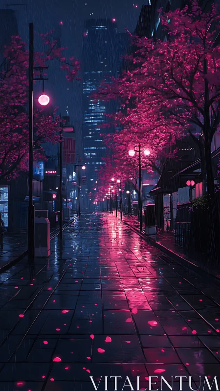 Neon cherry blossoms glowing softly along a rainy city street.