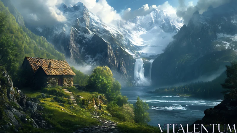 Stone cabin overlooks alpine lake, waterfall, and snowy peaks