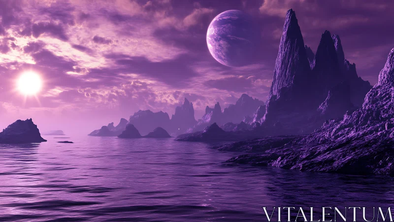 Purple coastal alien landscape with large distant planet.