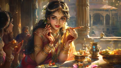 Regal woman in ornate attire at illuminated palace feast.