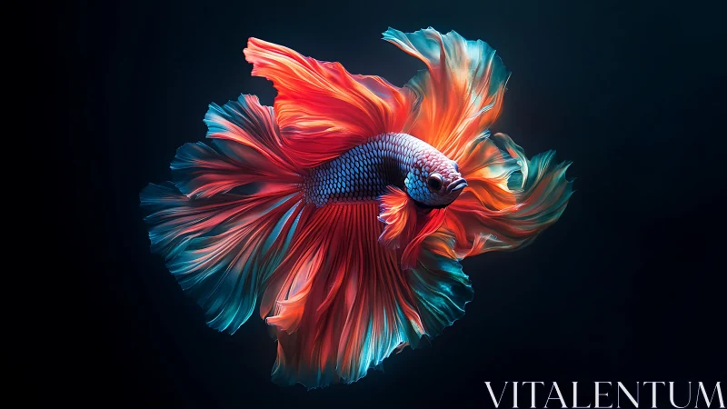Spectral betta fish with volumetric fins in dark aquatic void.