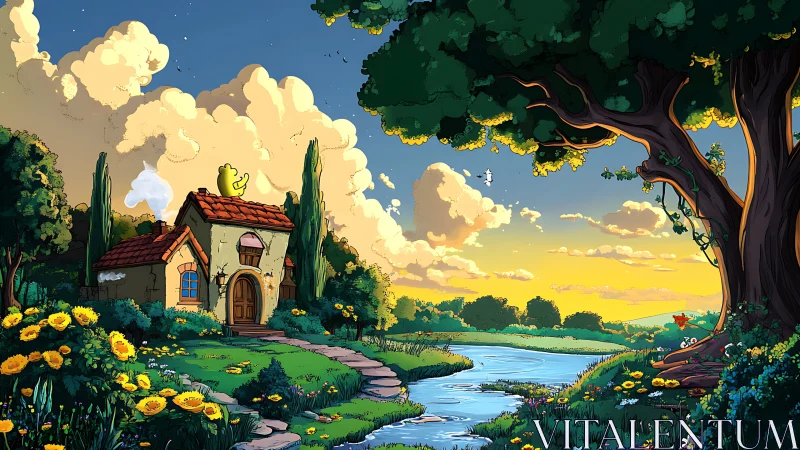 Sunny cottage garden beside winding river at sunset.