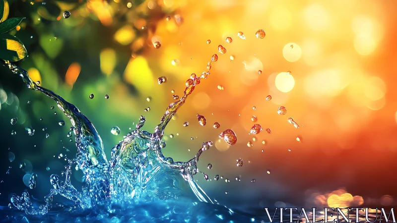 Sunlit water splash arcs through vibrant bokeh light
