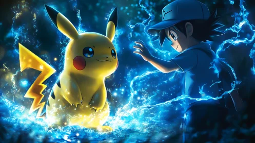 Boy reaching toward Pikachu in glowing electric blue light.