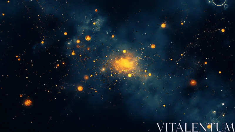 Stellar cluster with dispersed luminous particles in space.