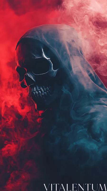 Hooded skull emerges through bold red and blue drifting smoke