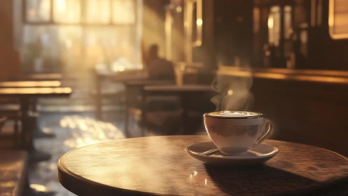 Steaming coffee cup on wooden café table in soft light.