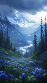 Sunlit alpine valley with blue wildflowers and winding river.