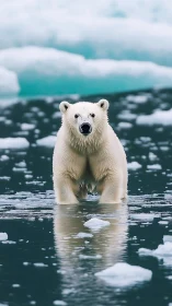 Icewater monarch: polar bear poised on a thawing mirror sea.