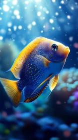 Rendered tropical fish swims in controlled underwater lighting