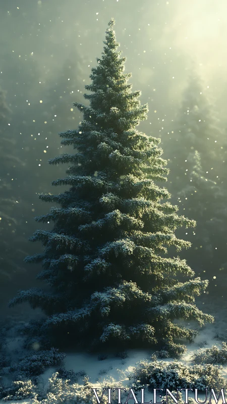Snow-dusted evergreen tree glows in soft winter sunlight.