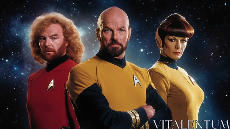 Starfleet officers stand united against the silent cosmos