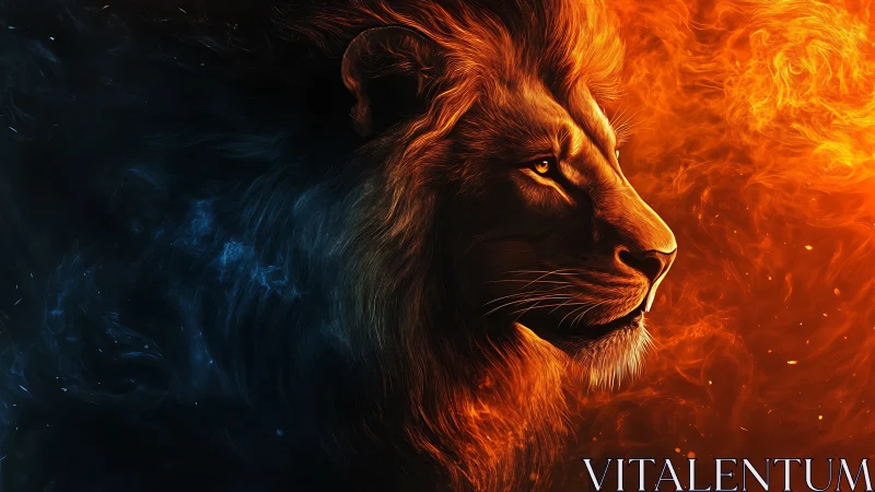 Fiery lion profile amid searing orange and deep shadowed void.
