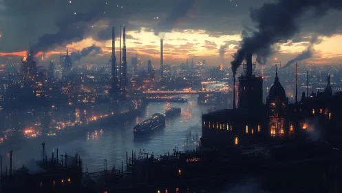 Smoky riverside city glows with warm lights at dusk