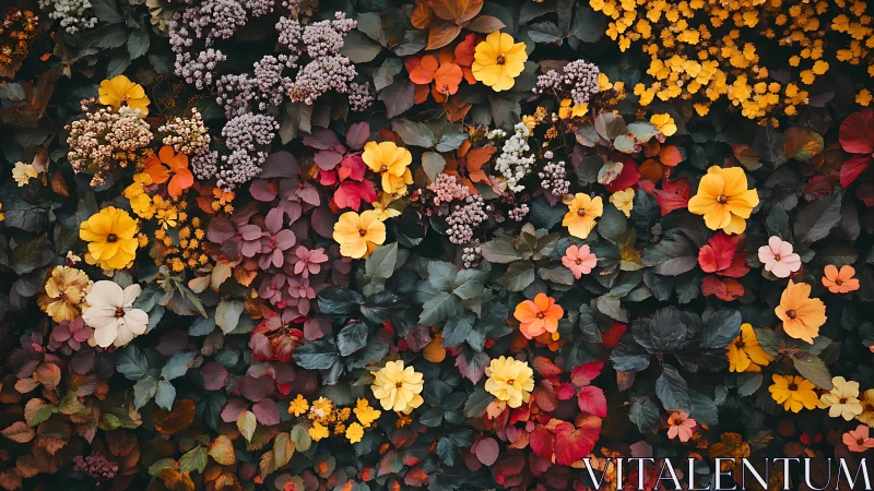 Dense Floral Composition: Warm-Toned Blooms Against Deep Foliage