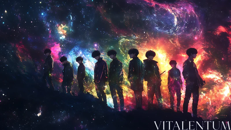 Silhouetted youths traverse a nebular ridge in prismatic light