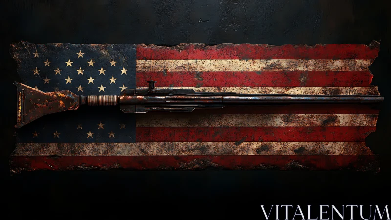 Rusty rifle lies across distressed American flag surface