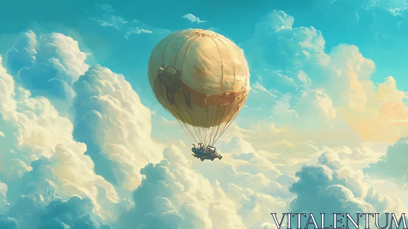 Luminous Sky Voyage with Vintage Balloon, Digital Painting.