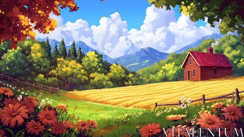 Rural cottage beside golden field under clear blue sky.